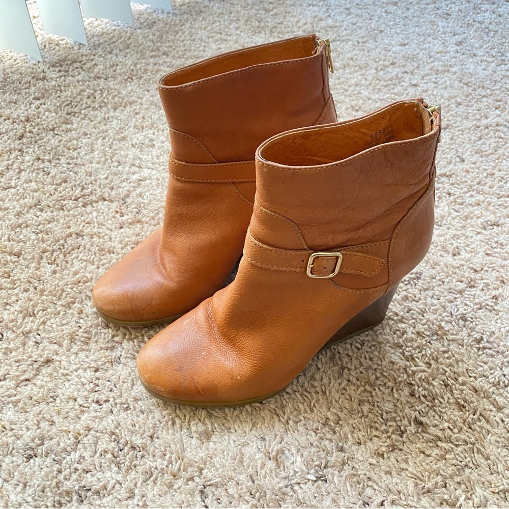 J. Crew cognac leather ankle wedge booties